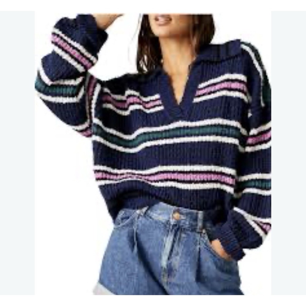 Free People Kennedy Pullover Sweater Women's Size Small Navy Stripe Chunky Knit